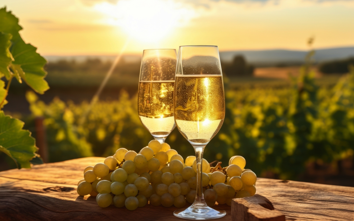 ein gekühltes Glas Prosecco-Sekt auf einem rustikalen Holztisch