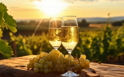 ein gekühltes Glas Prosecco-Sekt auf einem rustikalen Holztisch