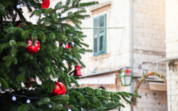 Weihnachtsbaum mit roten Kugeln in Porec
