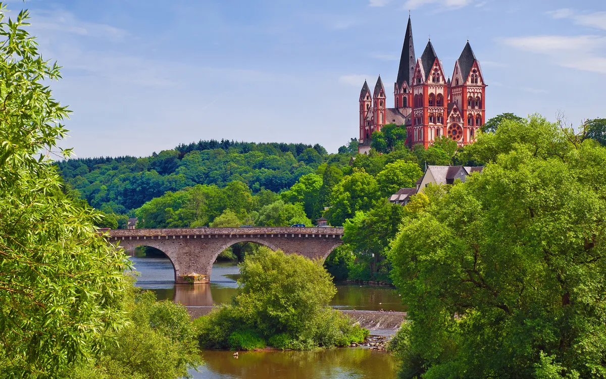 Limburger Dom und Alte Lahnbrücke mit wilder Flusslandschaft