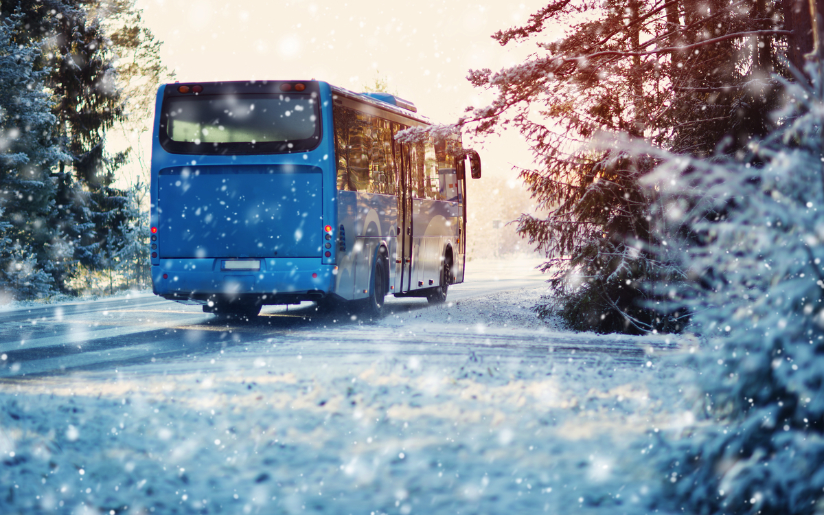 Bus auf Winterstraße durch Nadelwald