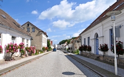 Straße mit Rosenbäumchen, Rosenstadt Putbus, Stadtansicht
