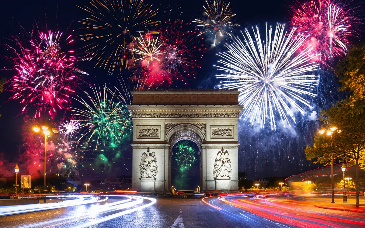 New Year fireworks display over the Arc de Triomphe in Paris. France