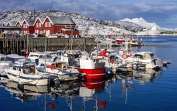 Fischerboote im Winter im Hafen von Bodo
