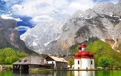 beautiful Alpen scenery -crystal lake Konigsee  with small chuch