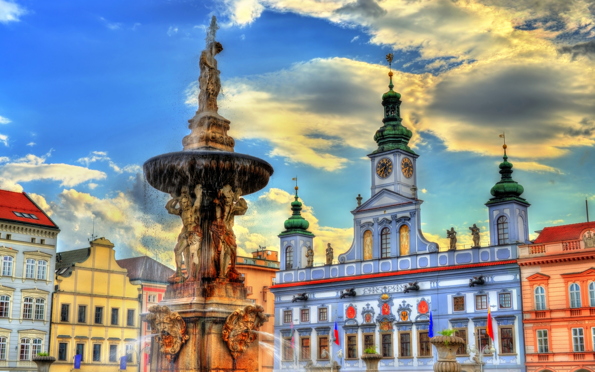 Samson-Brunnen in Ceske Budejovice, Tschechische Republik