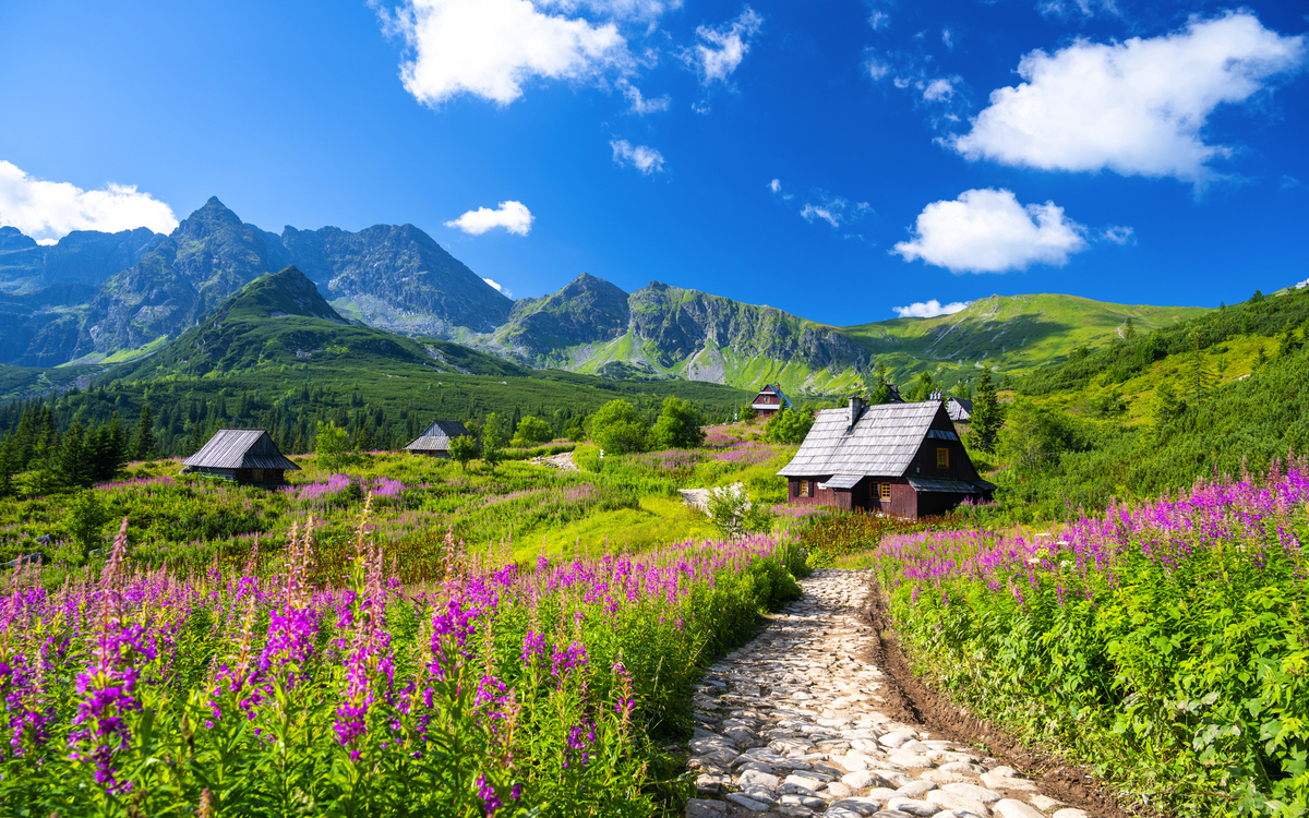 Tatra-Gebirge und Holzhütten nahe Zakopane