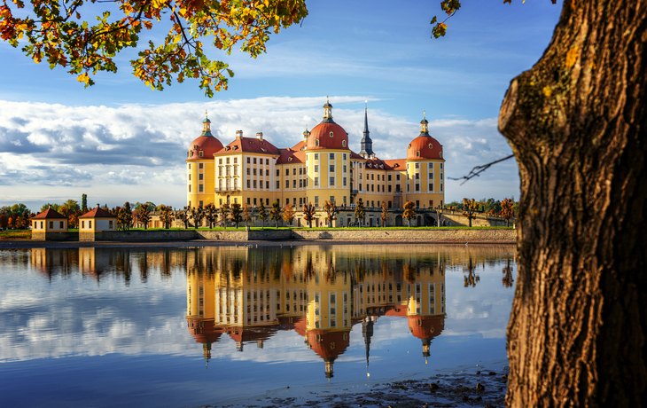 Schloss Moritzburg in Sachsen spiegelt sich im herbstlichen See nahe Dresden.